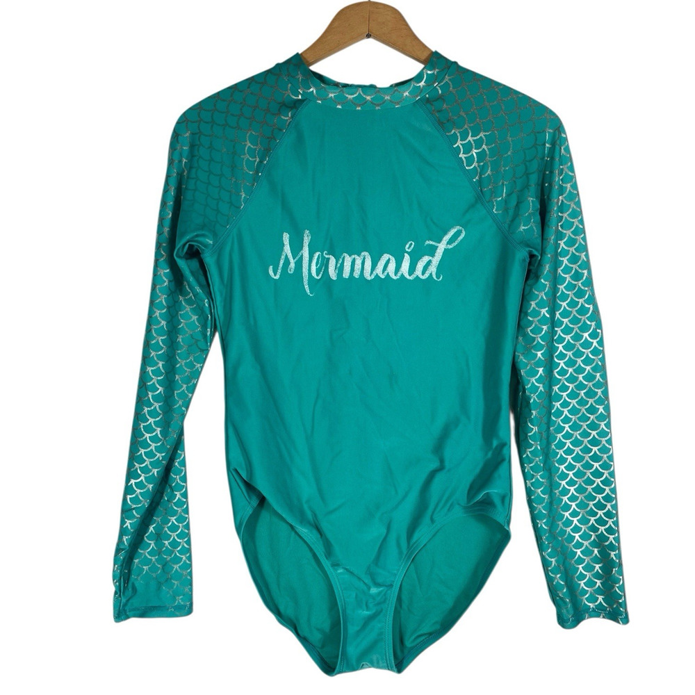 Cat & Jack Swimsuit Rash Guard One Piece 14/16 XL Girls Mermaid Teal Blue Green